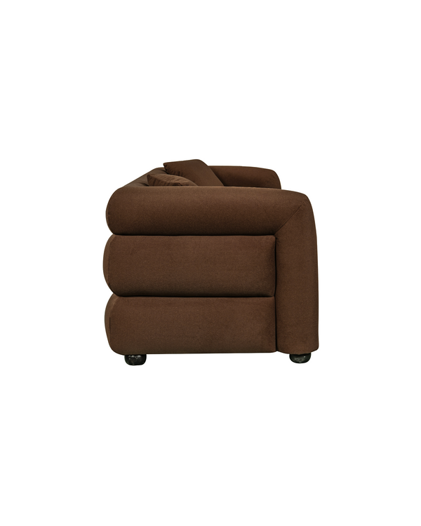 Aykah velvet-feel Lillian Sofa in Warm Espresso, side profile showing depth