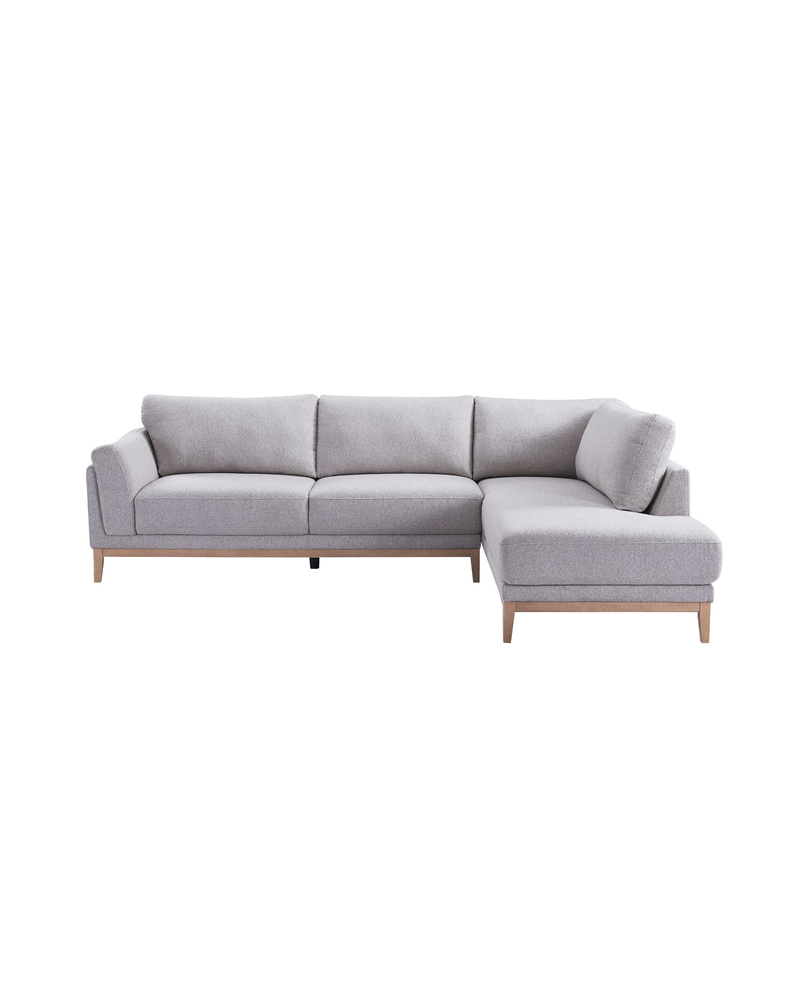 Upholstered Liva Sectional in Truffle Grey, right facing, front view showing seat depth