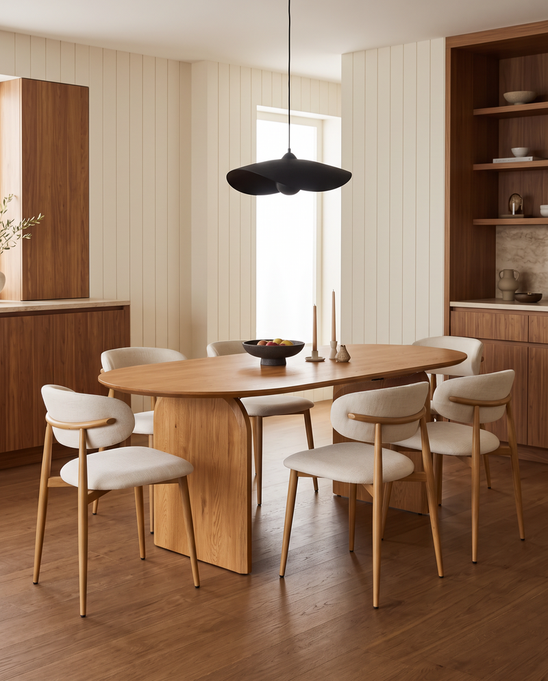 Mabel Dining Chair in Almond Cream with Oak, styled in a dining room