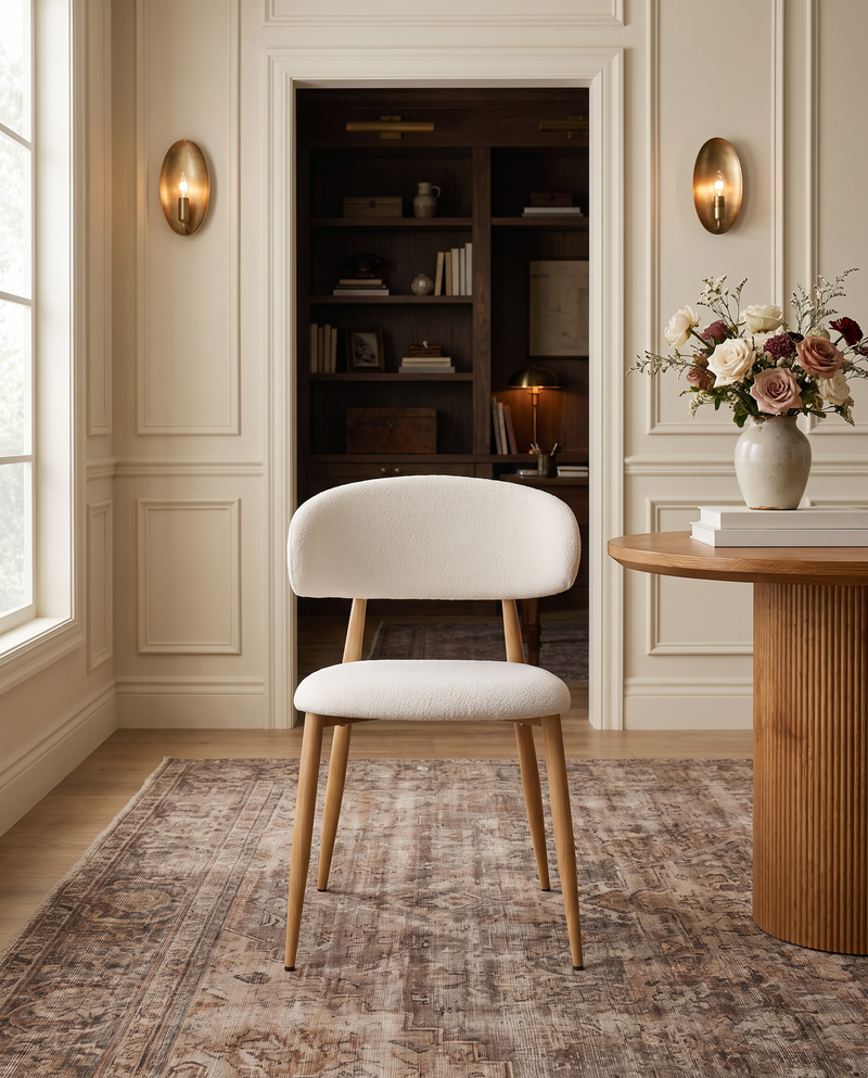 Bouclé Mabel Dining Chair with Oak-finish metal legs, single chair on a patterned rug in a panelled dining room