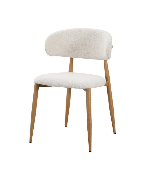 Bouclé Mabel Dining Chair with Oak-finish metal legs, three-quarter view showing seat depth