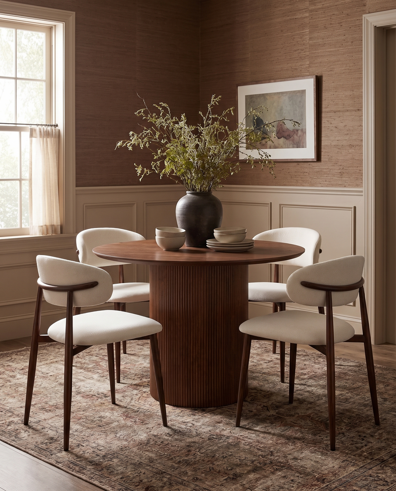Mabel Dining Chair in Almond Cream with Walnut, styled in a dining room, view 3