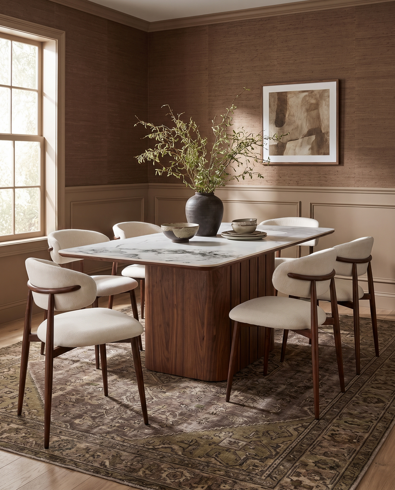 Mabel Dining Chair in Almond Cream with Walnut, styled in a dining room, view 4