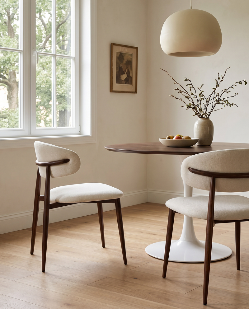 Mabel Dining Chair in Almond Cream with Walnut, styled in a dining room