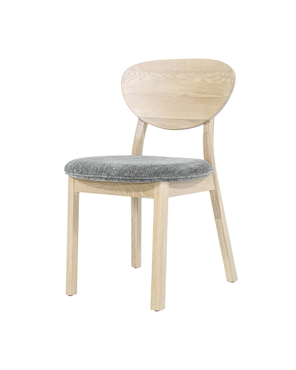Upholstered Maeve Dining Chair, three-quarter view with contoured oak back