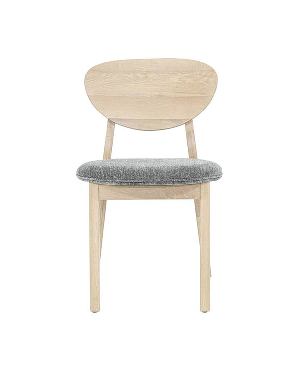 Aykah upholstered Maeve Dining Chair, front view with contoured oak back