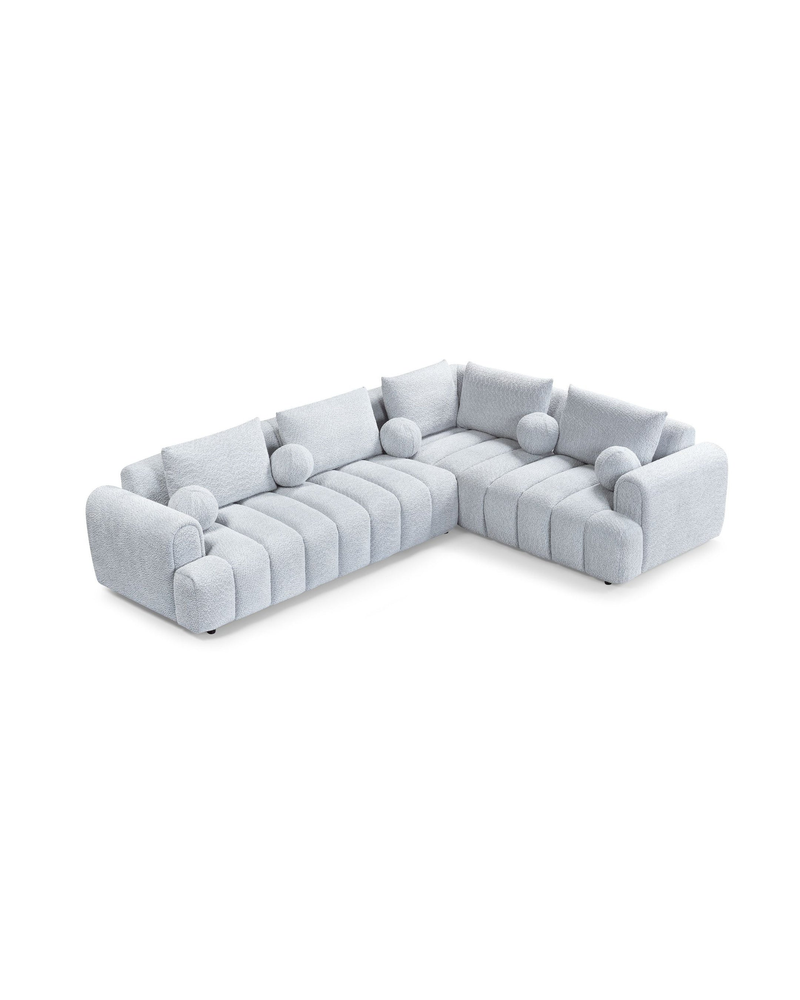 Bouclé Mellow Sectional in Silver Mist, right facing, side profile showing frame depth