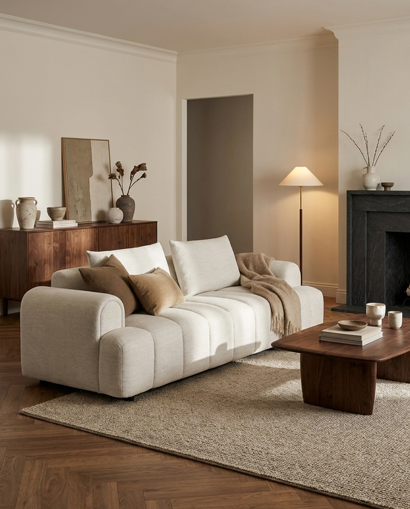 Mellow Sofa in Cashew Cream, styled in a living room