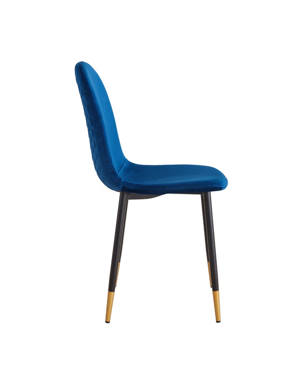 Mink Velvet Dining Chair in Blue, side profile showing frame depth
