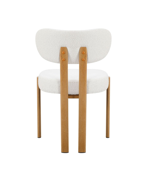 Mirae Dining Chair in Moonlight Boucle, in Honey Oak, three-quarter view with padded seat & backrest