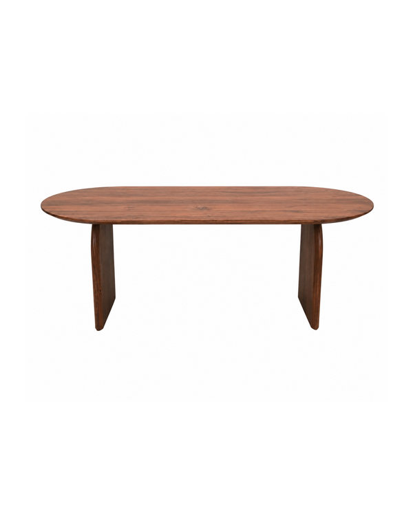 Aykah acacia Mysa Dining Table, front view with curved panel legs