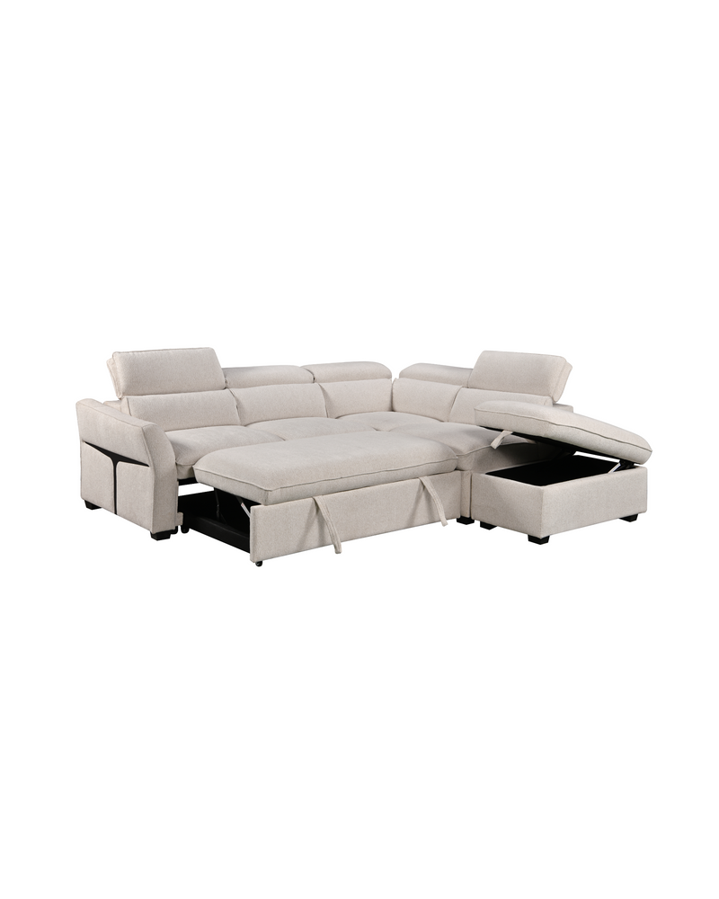 Aykah Ollie Sectional, right facing, pull-out bed extended and storage ottoman open