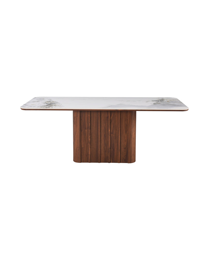 Aykah marble-look Sylas Dining Table in Rich Walnut, front view with fluted pedestal base