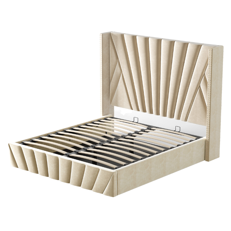 Lit de rangement relevable en velours beige Fez