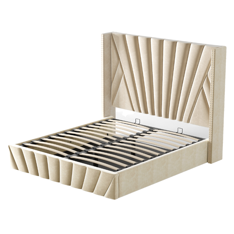 Fez Beige Velvet Lift-Up Storage Bed