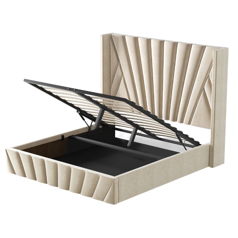 Lit de rangement relevable en velours beige Fez