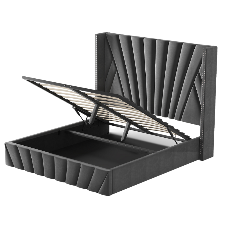 Lit de rangement relevable en velours gris Fez