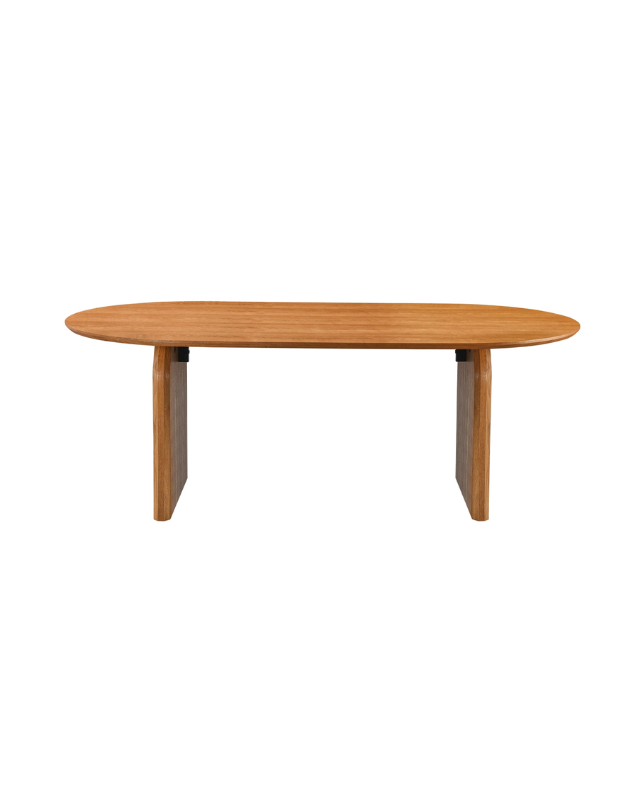 Aykah wood veneer Ace Dining Table in Honey Oak, front view with trestle legs