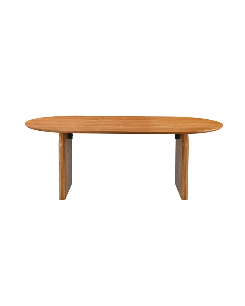 Aykah wood veneer Ace Dining Table in Honey Oak, front view with trestle legs