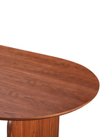 Aykah Ace Dining Table in Rich Walnut, close-up of the wood grain and curved tabletop edge