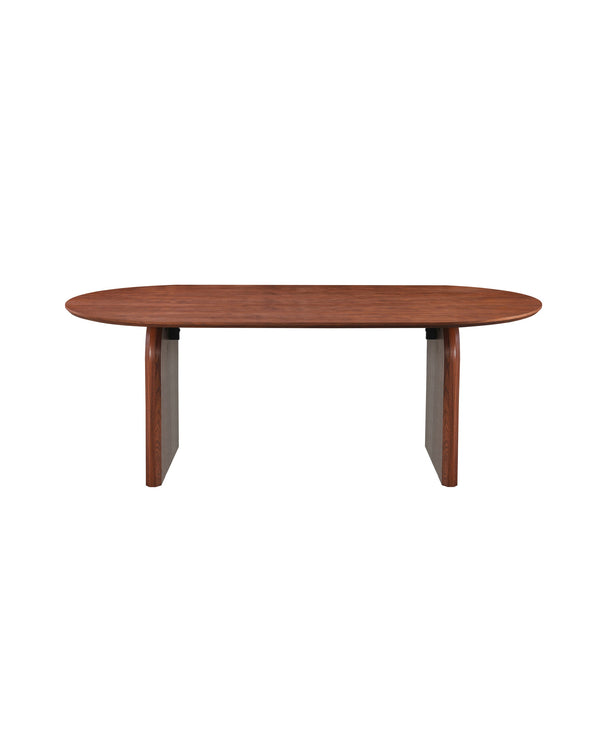 Aykah wood veneer Ace Dining Table in Rich Walnut, front view with trestle legs