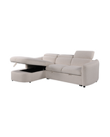 Upholstered Araam Sectional sectional sofa in Oatstone, left facing, three quarter view with the storage base lifted open