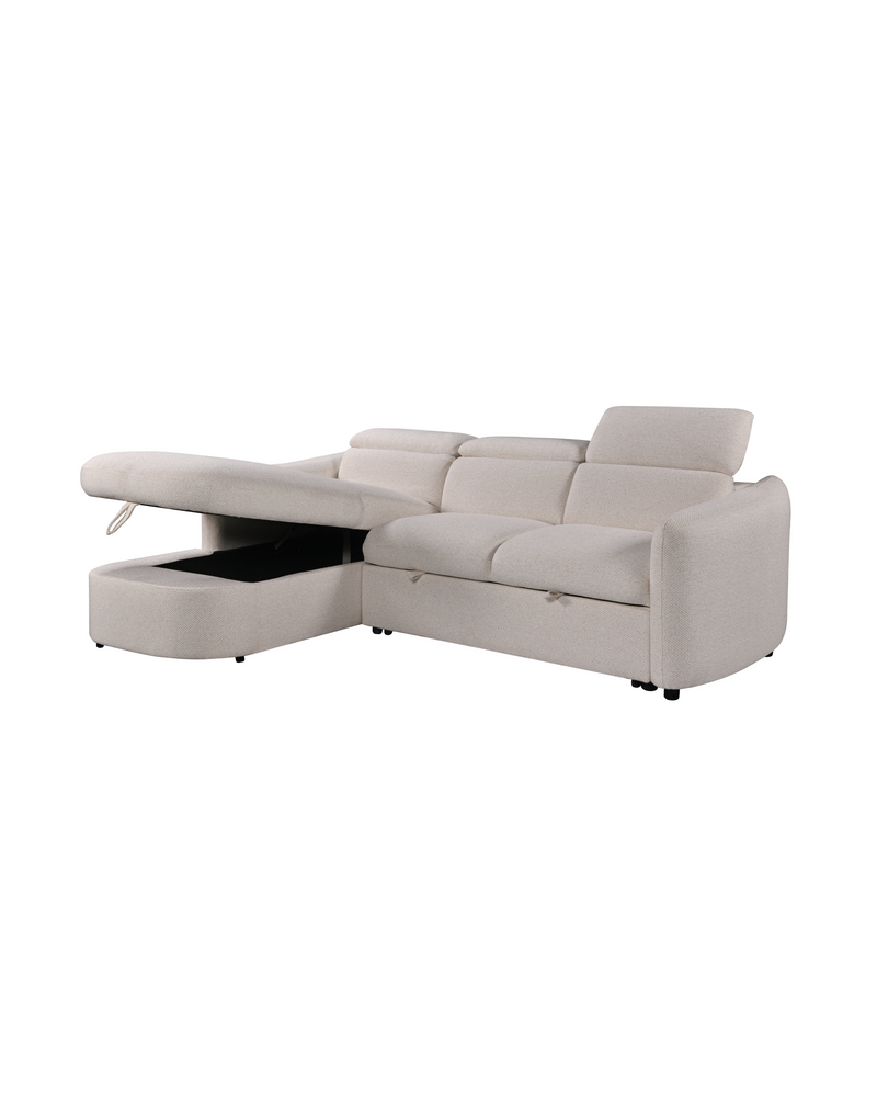 Upholstered Araam Sectional sectional sofa in Oatstone, left facing, three quarter view with the storage base lifted open