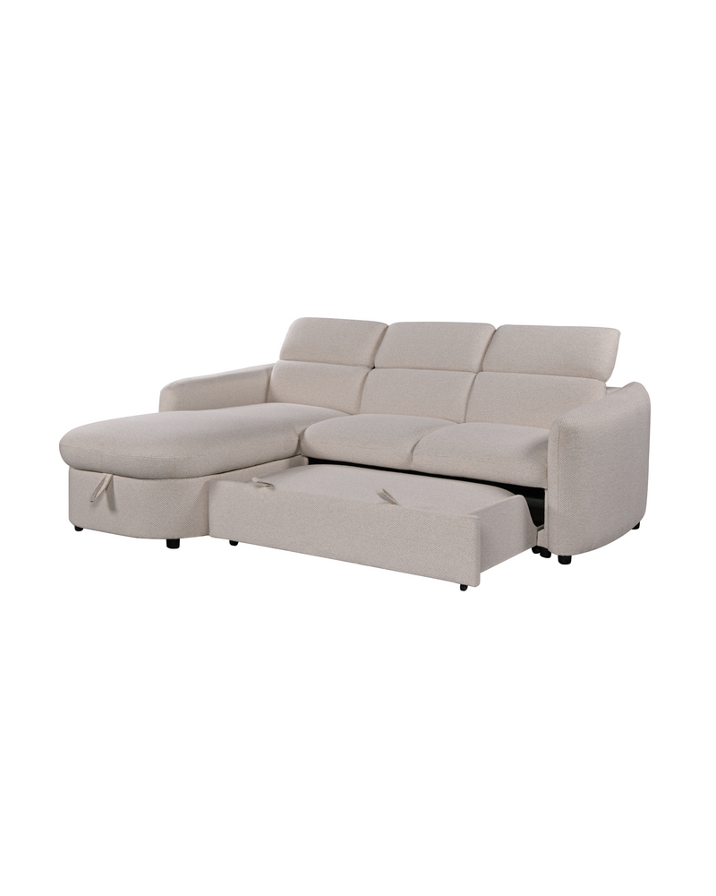 Upholstered Araam Sectional sectional sofa in Oatstone, left facing, three quarter view with the bed extended