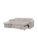 Upholstered Araam Sectional sectional sofa in Oatstone, left facing, three quarter view with the bed pulled out