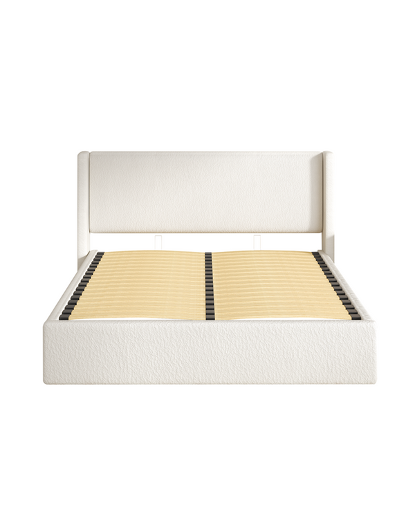 Aura Lift Up Storage Bed in Cream Linen, front view showing the slats