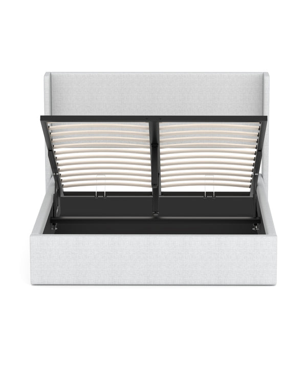 Aura Lift Up Storage Bed in Grey Linen with the storage base lifted open