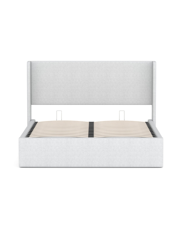 Aura Lift Up Storage Bed in Grey Linen internal frame and slat construction