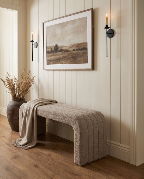 Bouclé Arc Bench Large in Hazelnut Cream styled in an entryway