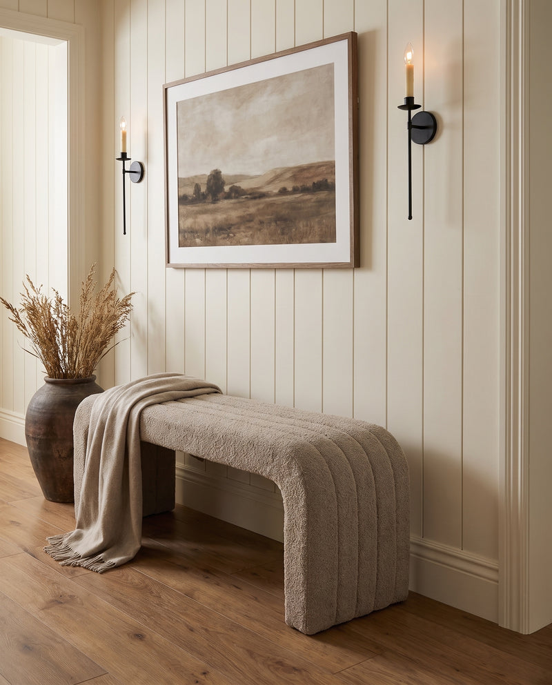 Arc Bench Large in Hazelnut Cream boucle, styled in a panelled entryway with a draped throw