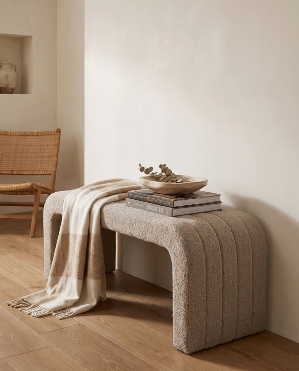 Bouclé Arc Bench Large in Hazelnut Cream styled in an entryway, view 2