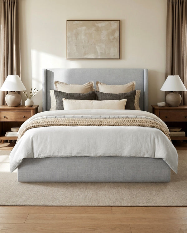 Aura Lift Up Storage Bed in Grey Linen styled in a bedroom