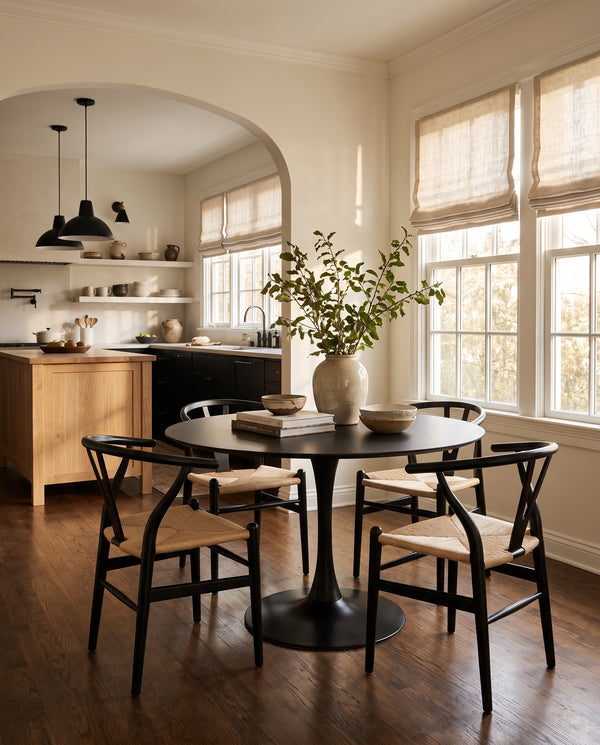 Blanco Black Dining Table with black wishbone chairs in a sunlit kitchen dining room