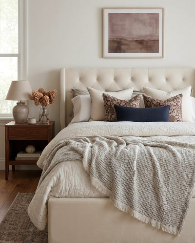 Upholstered Brittany Lift Up Storage Bed styled in a bedroom