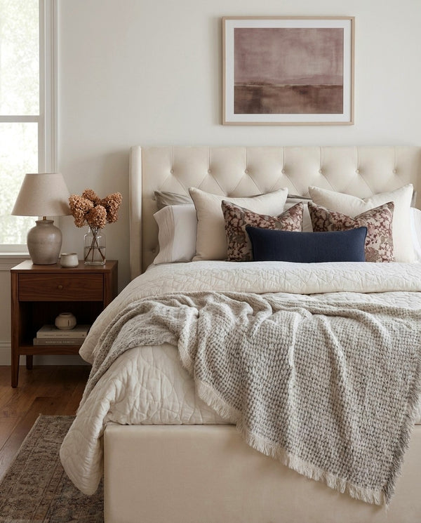 Upholstered Brittany Lift Up Storage Bed styled in a bedroom