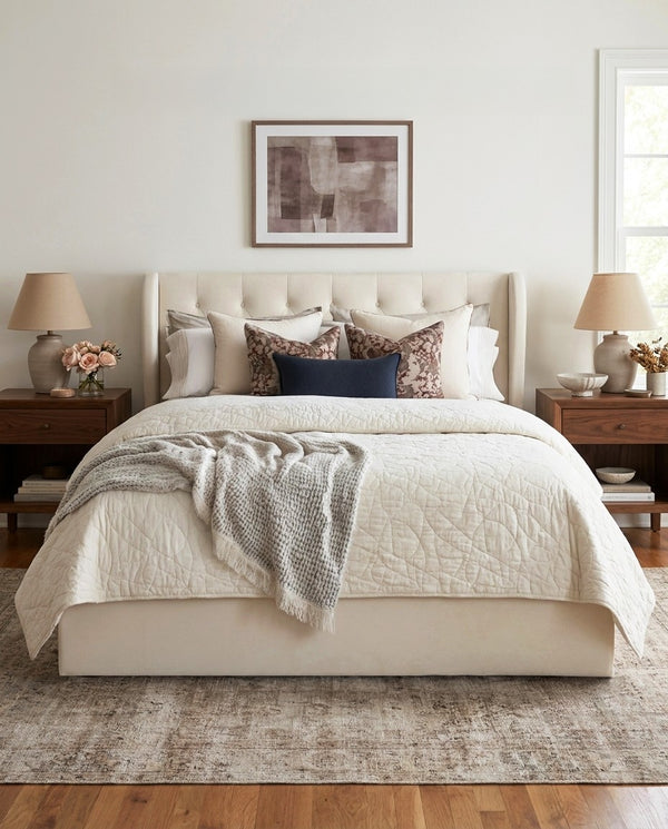 Upholstered Brittany Lift Up Storage Bed in a bedroom with natural light