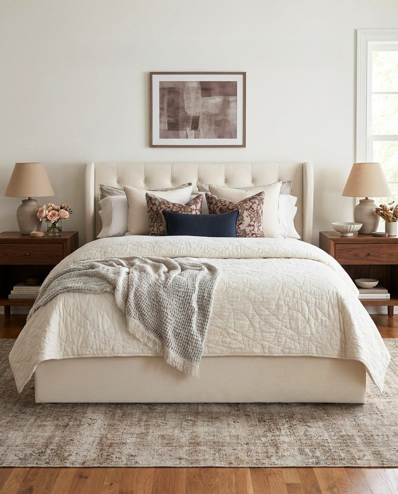 Upholstered Brittany Lift Up Storage Bed in a bedroom with natural light