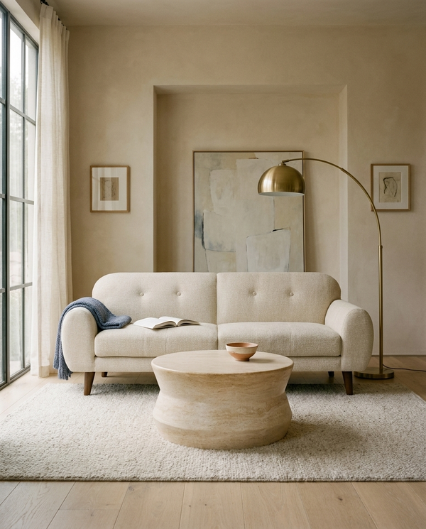 Upholstered Calia Sofa styled in a living room
