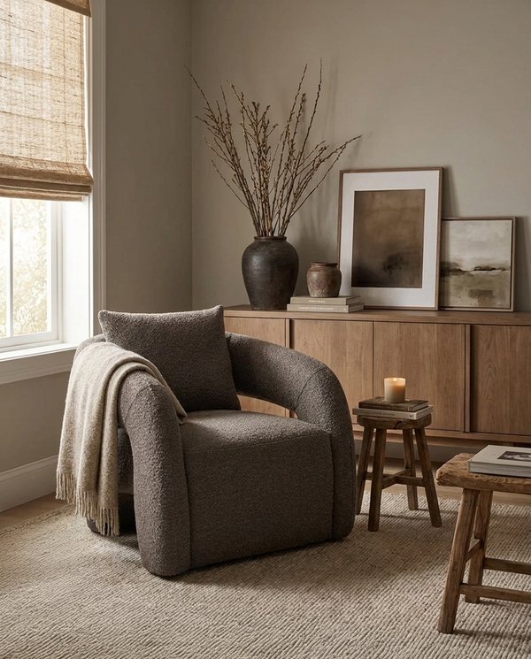 Bouclé Daisy Armchair in Dark Roast in a living room with natural light