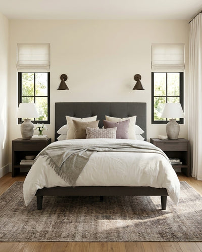 Upholstered Dora Platform Bed bed frame in Ash styled in a bedroom