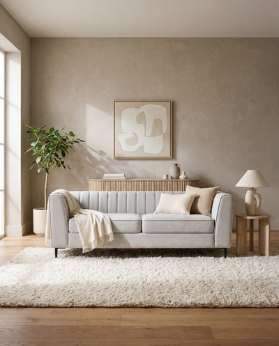Velvet Enigma 3-Seater Sofa in Oyster styled in a living room