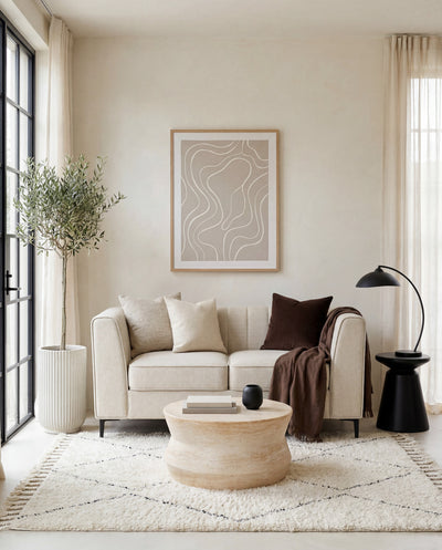 Enigma Loveseat in Oat Linen styled in a living room
