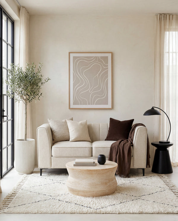 Enigma Loveseat in Oat Linen styled in a living room