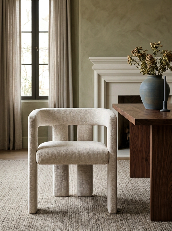Upholstered Eris Dining Chair in Warm Ecru styled in a dining room