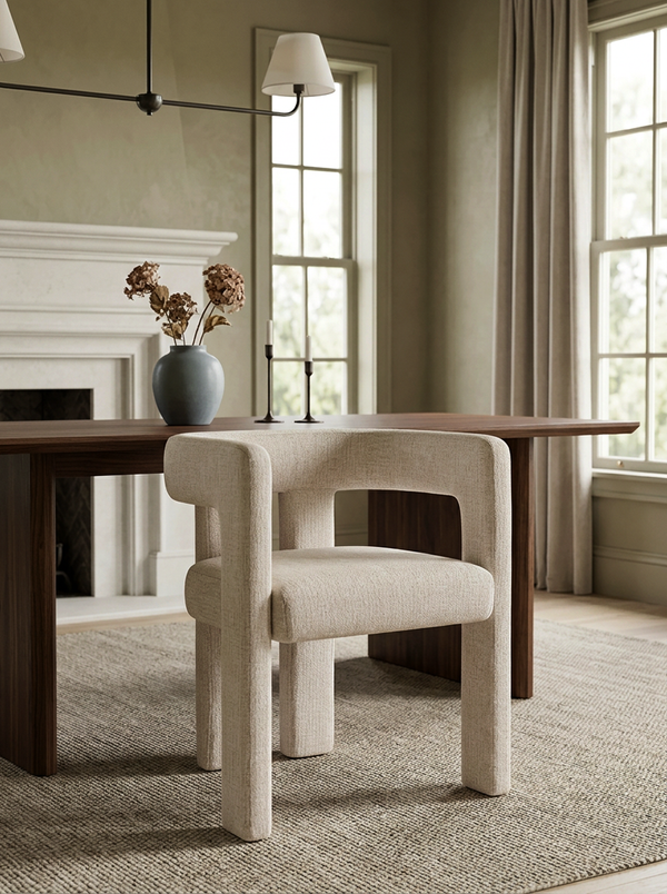 Upholstered Eris Dining Chair in Warm Ecru around a dining table