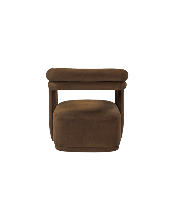 Upholstered Fior Armchair in Warm Espresso, back view showing the finished reverse